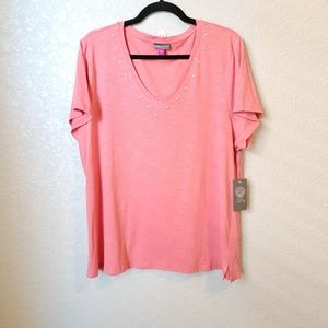 Vince Camuto Studded V-Neck Cotton Blend T-Shirt